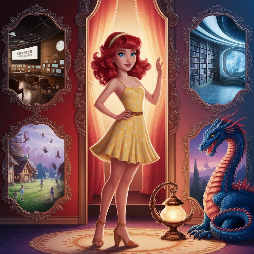 Confident Woman in a Vibrant Portal Room