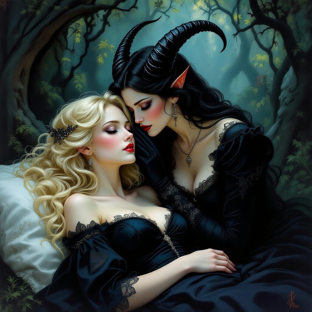 Demon Whispering to Sleeping Woman in Mystical Forest