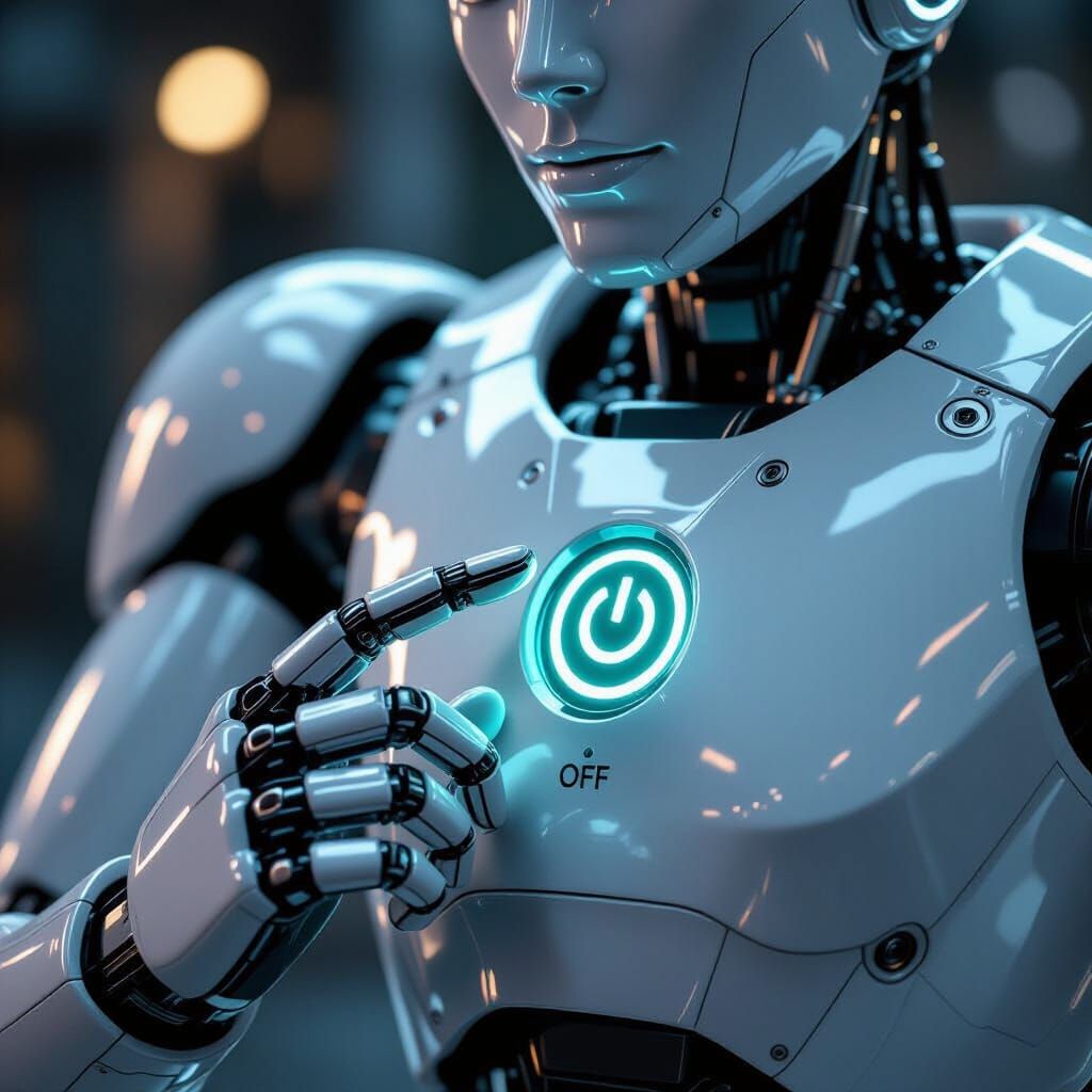 Realistic Robot Hand Presses Glowing Power Button