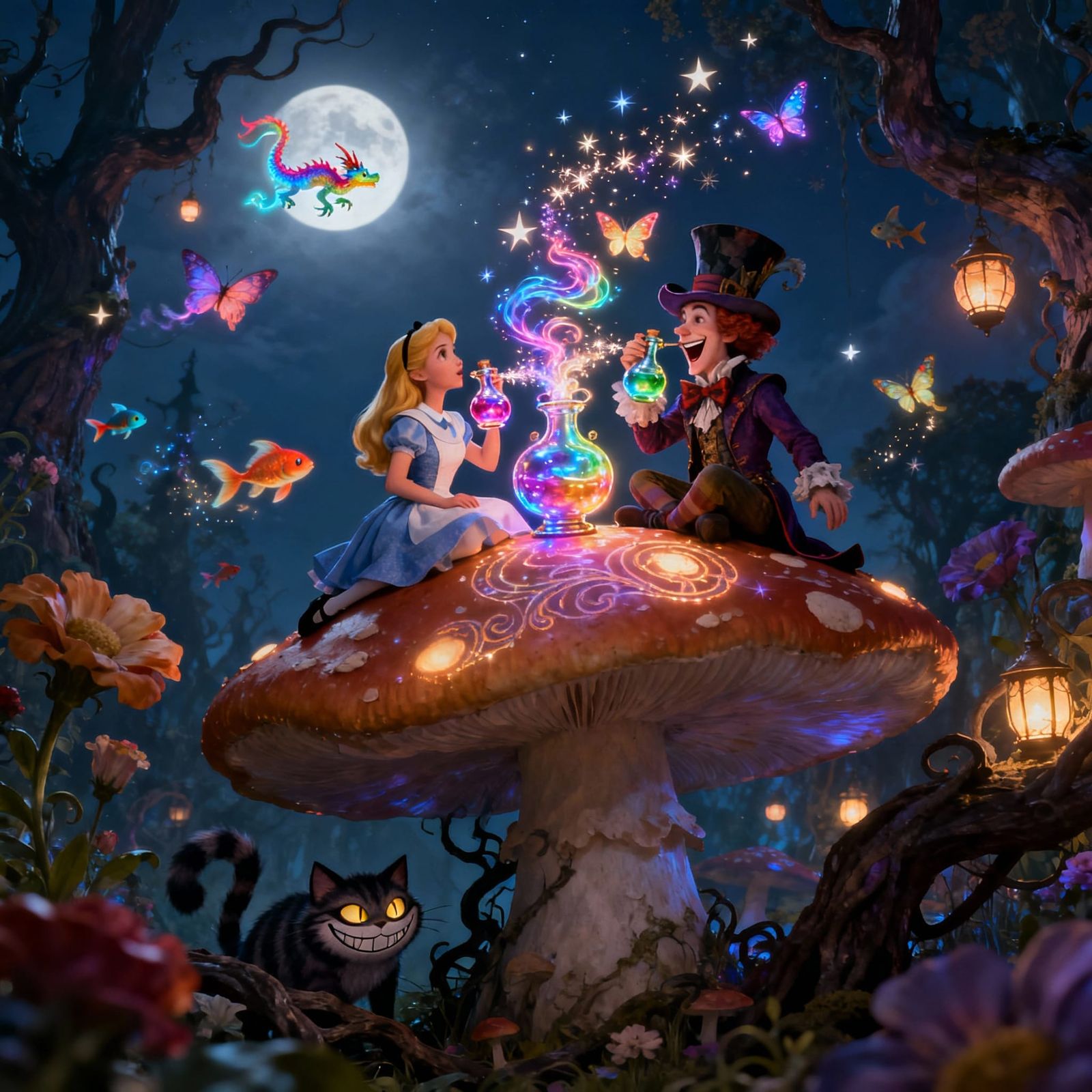 Alice and Mad Hatter Drink Potions on Glowing Mushroom