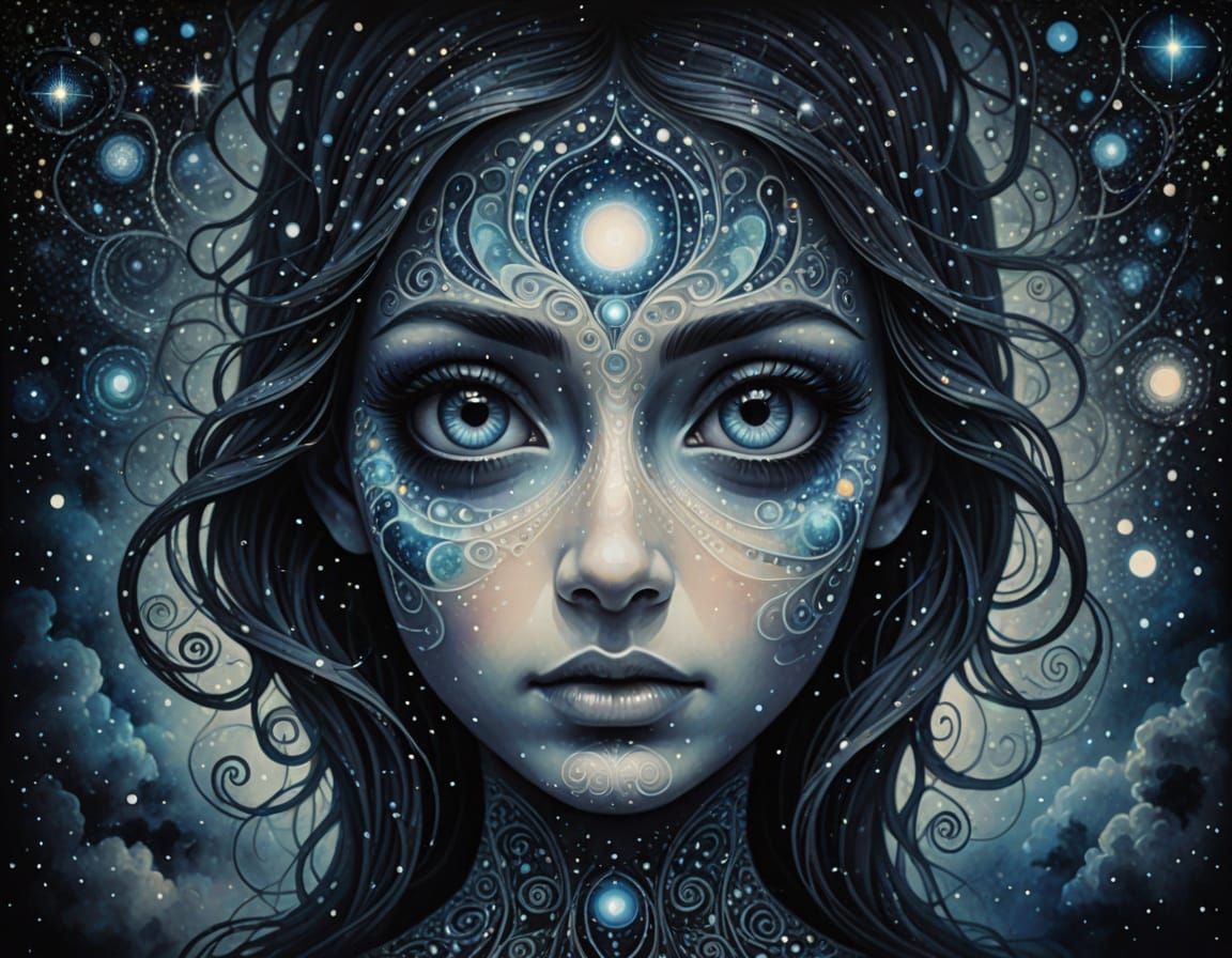 Cosmic Entity with Galaxy Eyes in Hazy Starlight