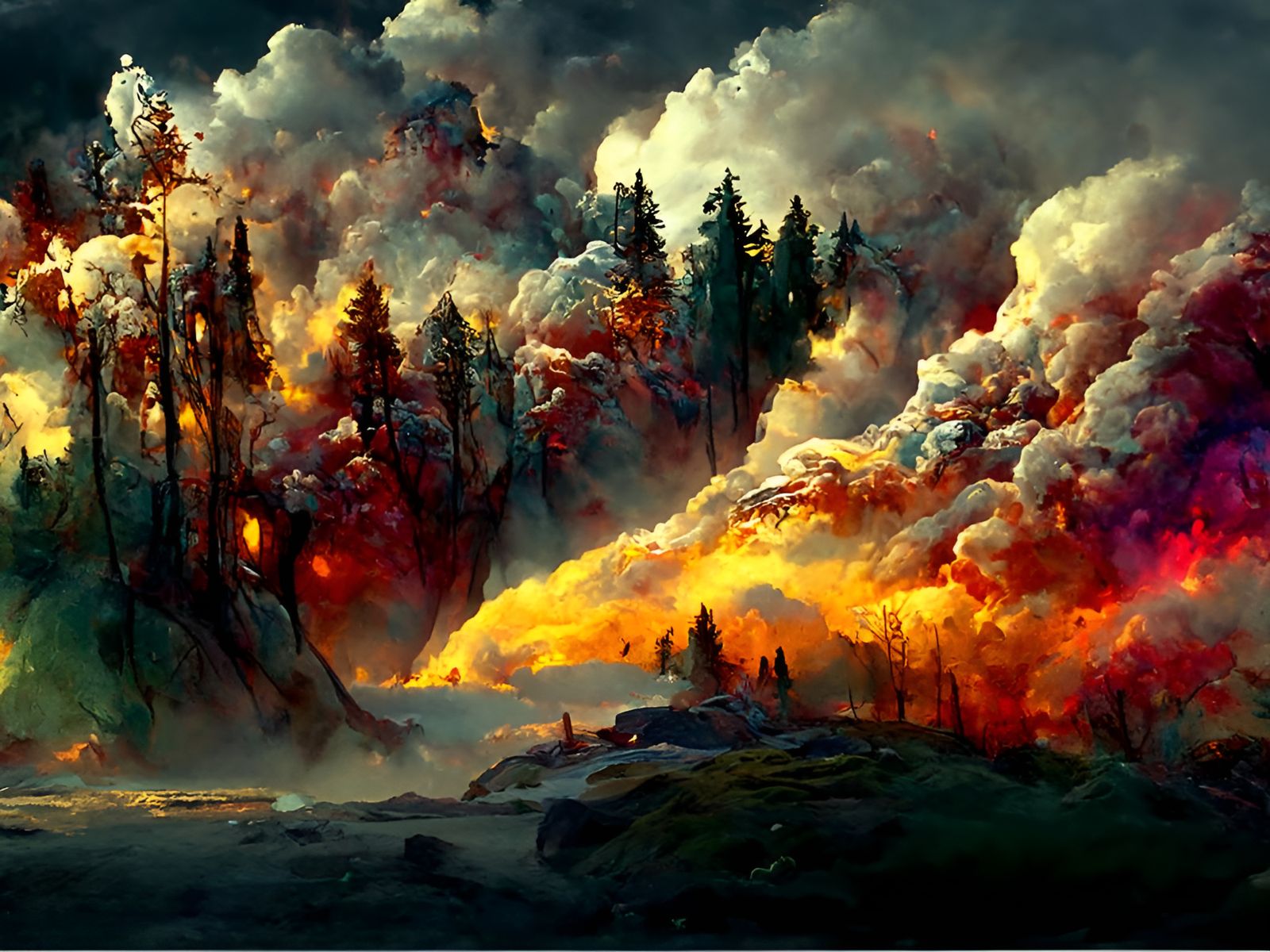 Epic Forest Fire in Maximalist Watercolor Style