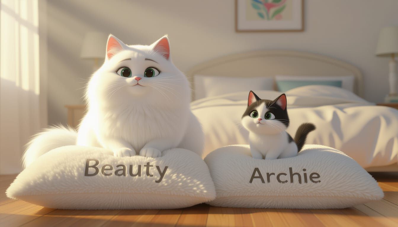 Fluffy White Cats on Pillows in Bright Daylight