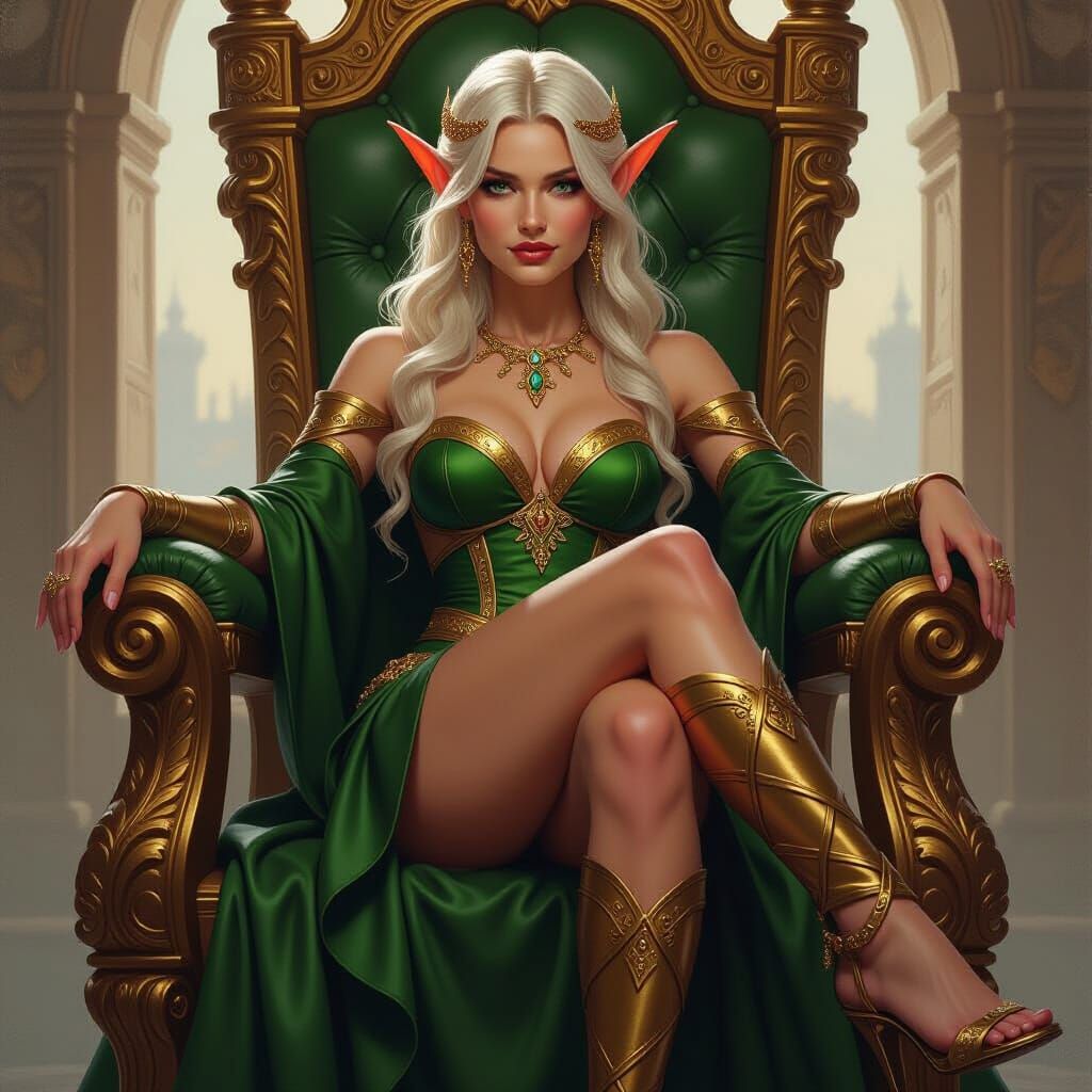 Elven Queen on Golden Throne: Oil Painting