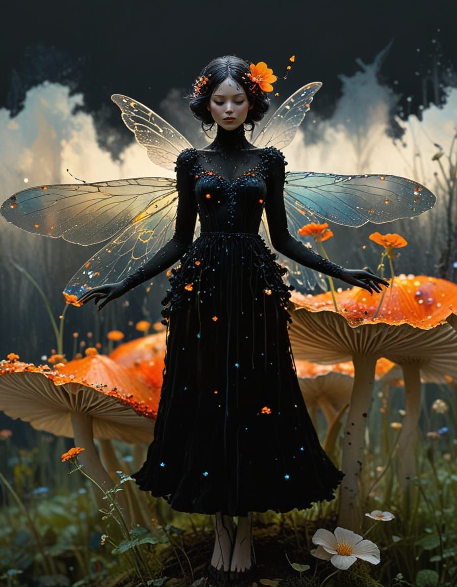 Tiny Fairy Silhouette on Mushroom in Vibrant Colors