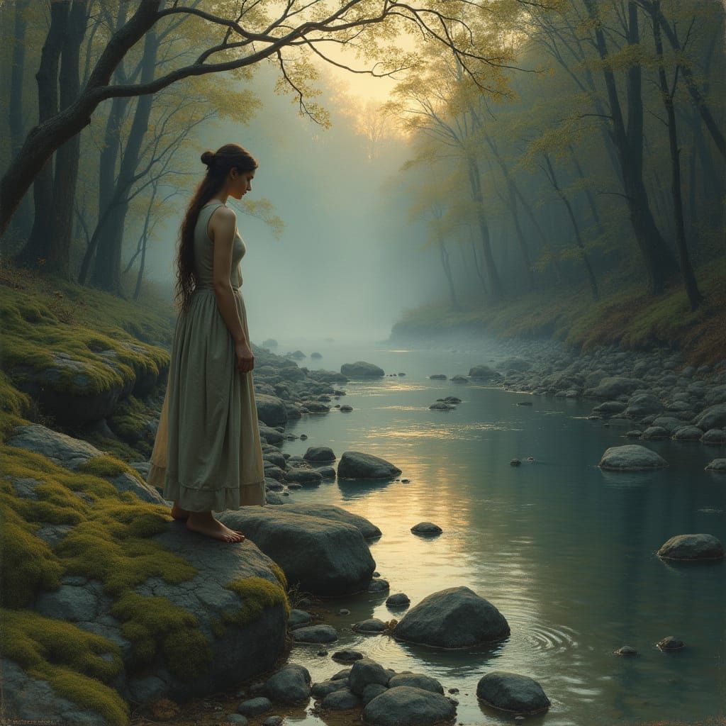 Tranquil Twilight Stream Landscape Painting