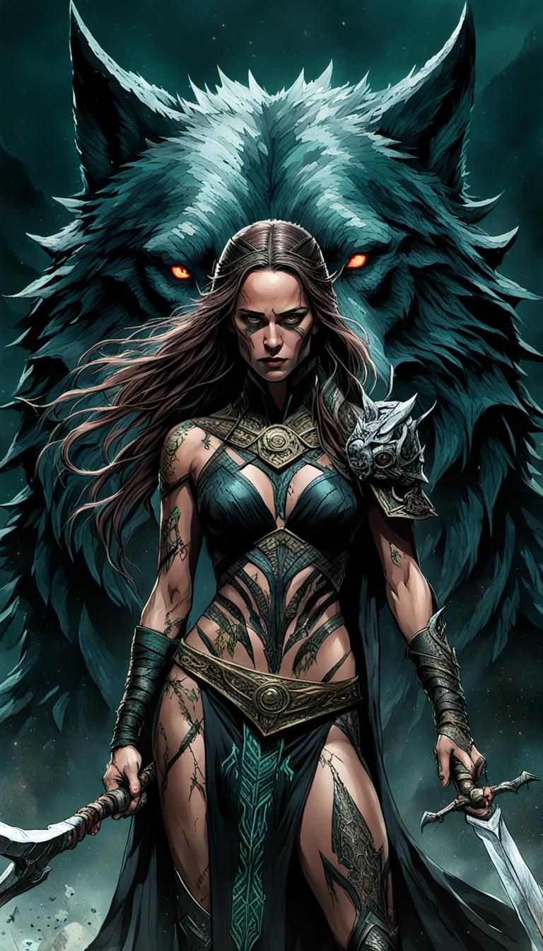 Goddess of Death Portrait with Wolf, Digital Art