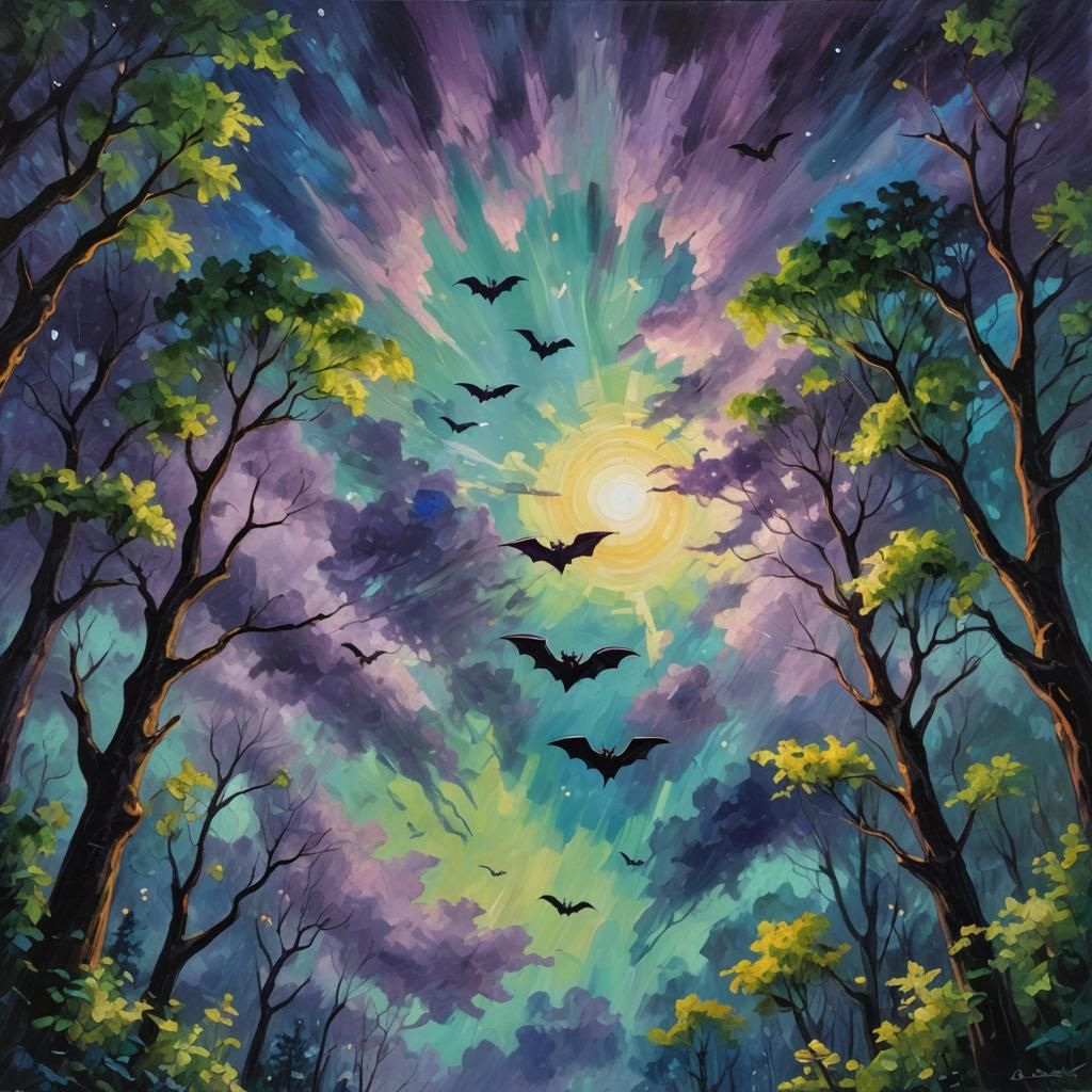 UFOs Introduce Bats in Expressionist Oil Painting