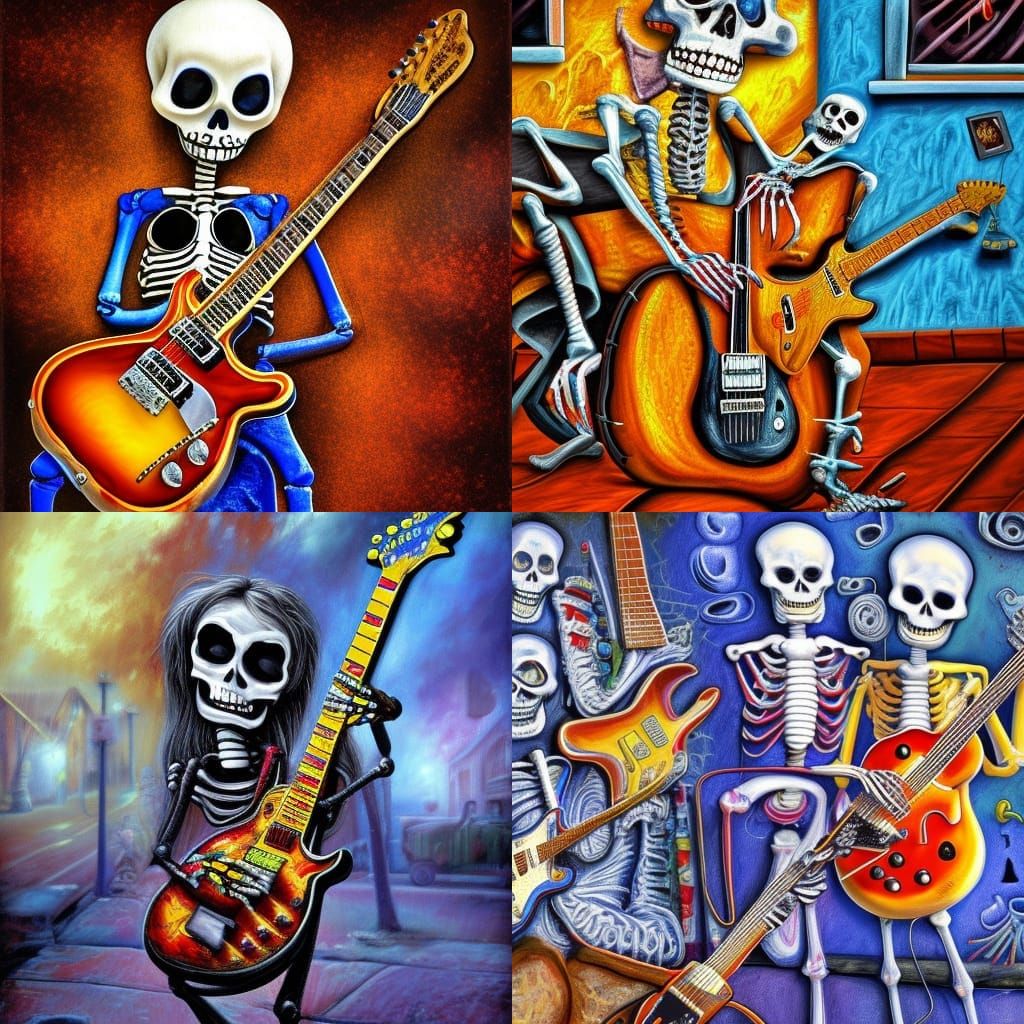 Skeletons Play Guitar in Louisiana: Hyperrealistic Oil Paint...