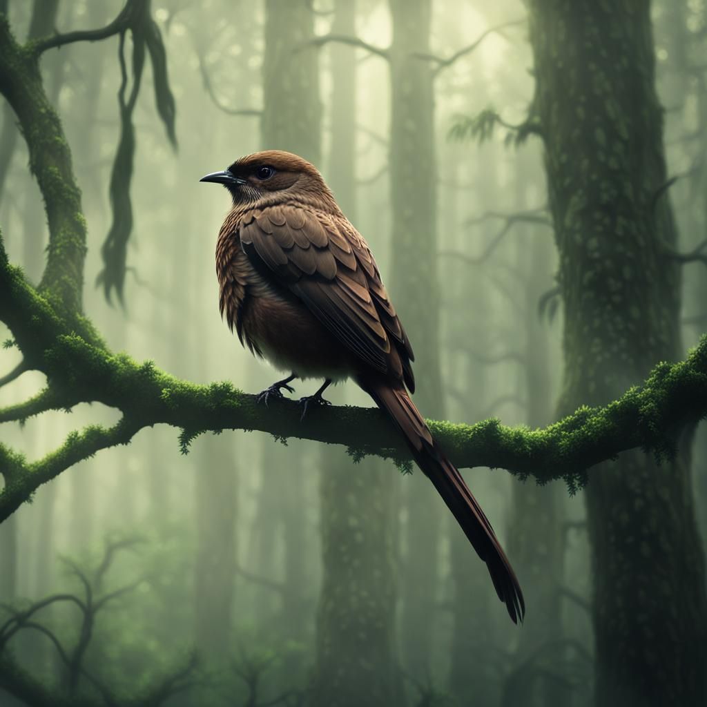 Small Bird Perched in Misty Forest: Digital Matte Painting