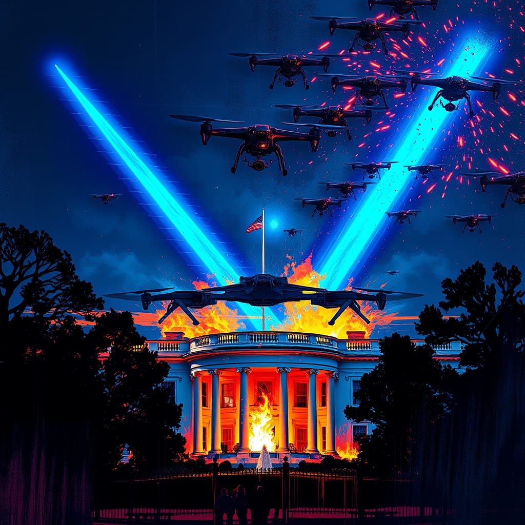 Dramatic Drone Attack Over the White House in Futuristic Gra...