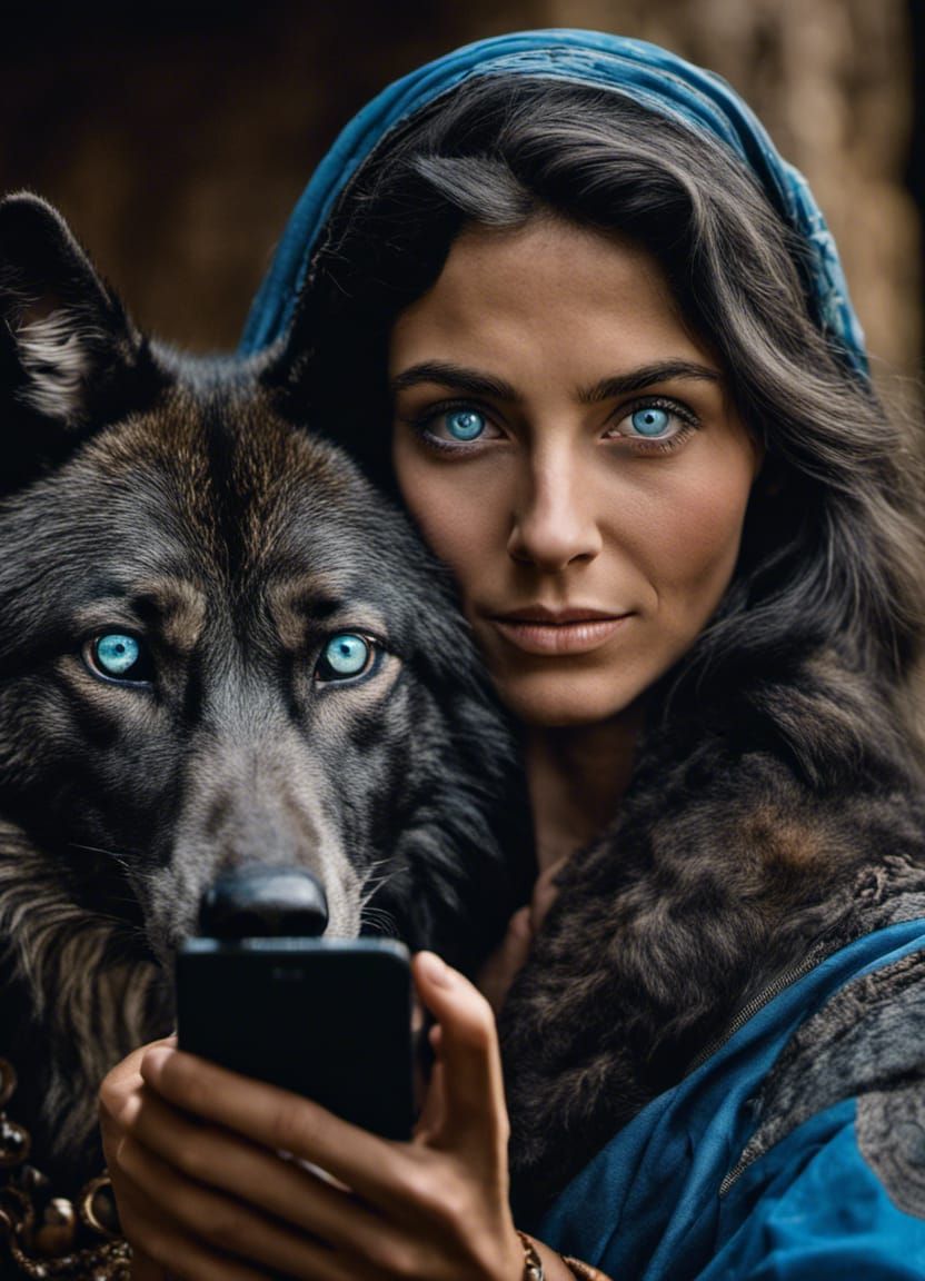 Woman and Blue-Eyed Wolf Selfie
