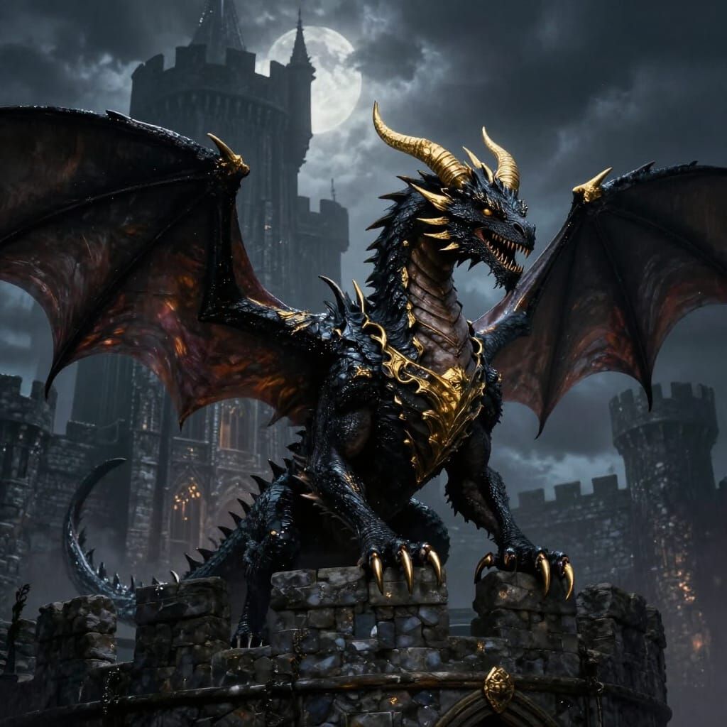 Black Dragon Clutches Castle Battlements in Stormy Fantasy A...