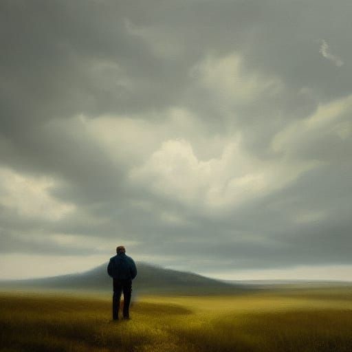 Farmer Gazes at Stormy Sky in Painterly Concept Art