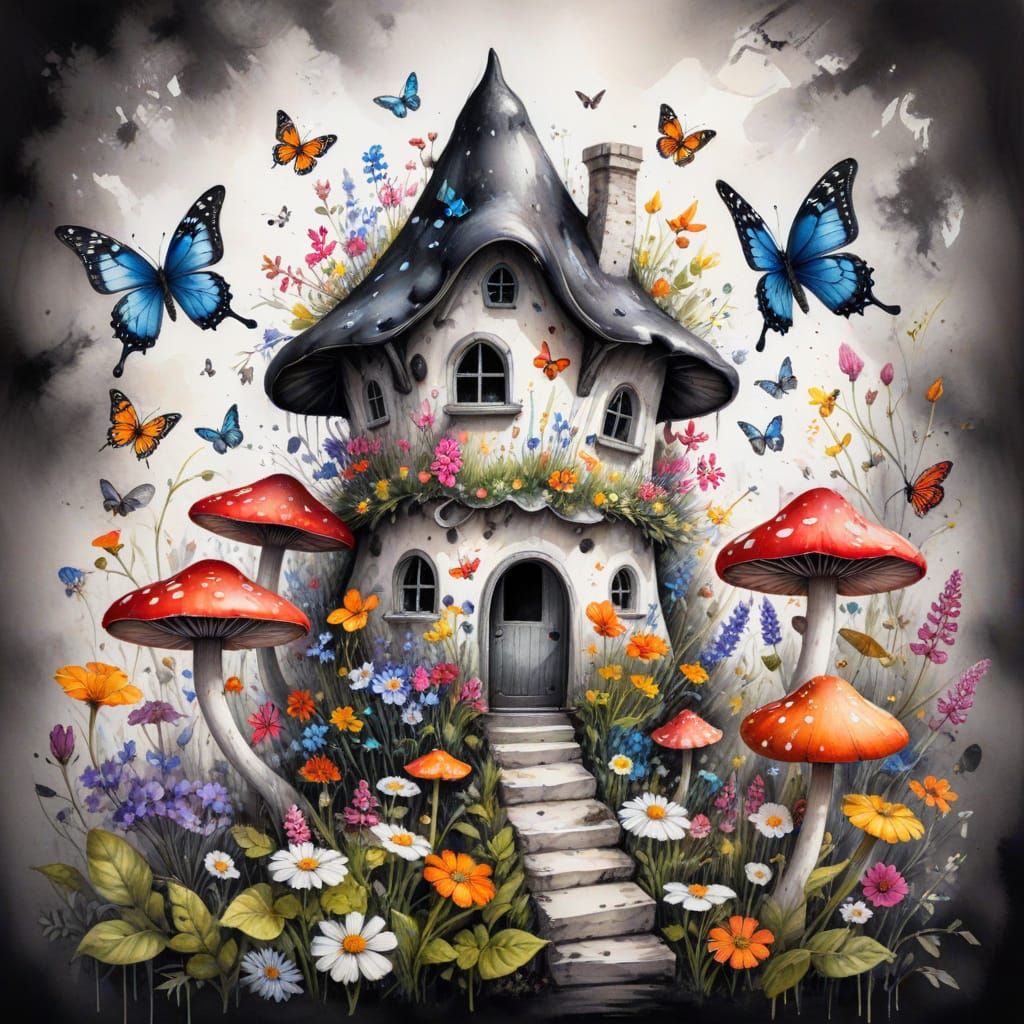 Fairytale Mushroomhouse with Butterflies in Watercolour