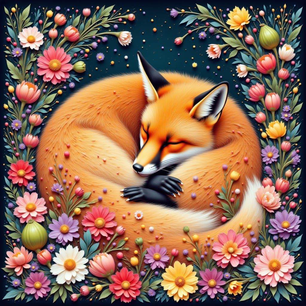 Enchanting Fox with Exotic Fruits in Blooming Garden