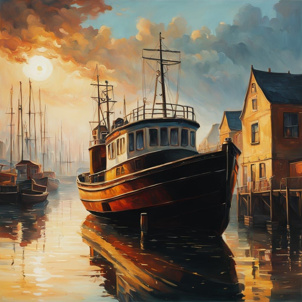Dreamlike Harbor Scene in Vibrant Oil Painting