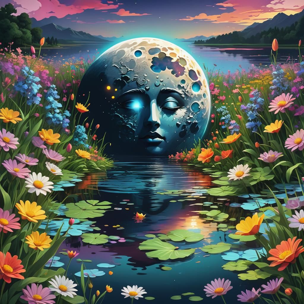 Moon Falling into Lake, Vivid Vector Art