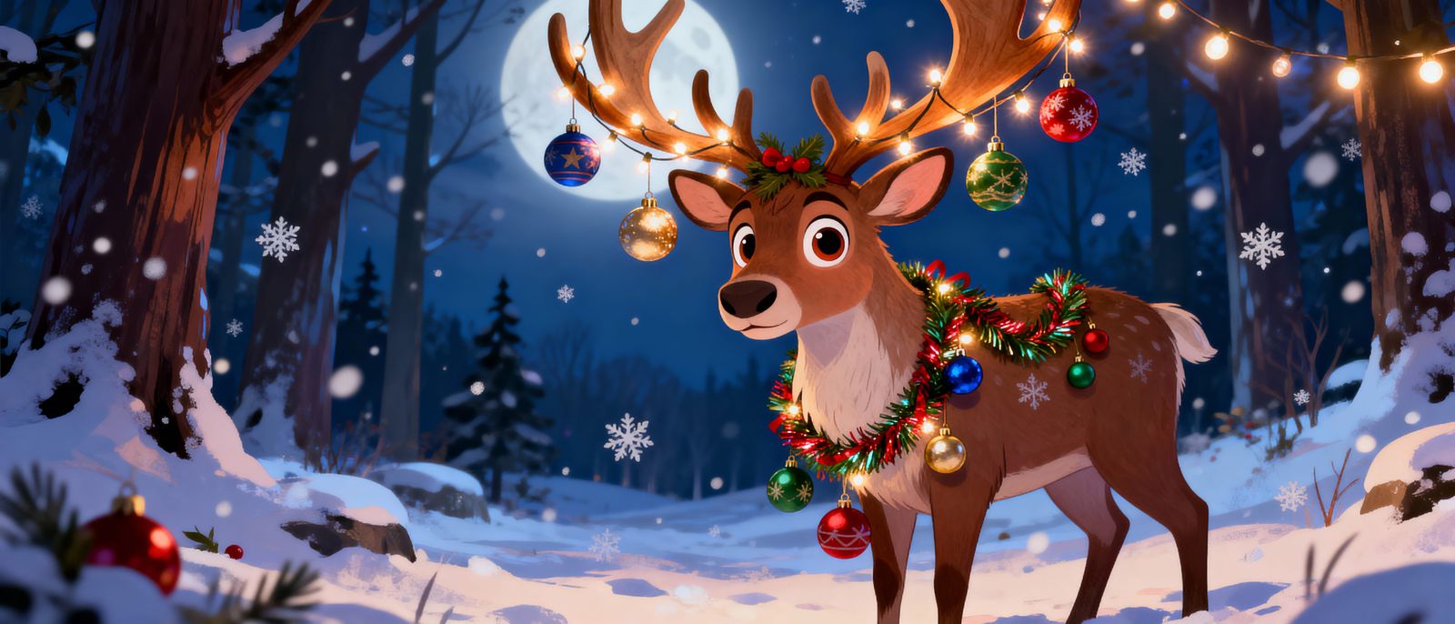 Whimsical Cartoon Reindeer With Festive Christmas Decoration...
