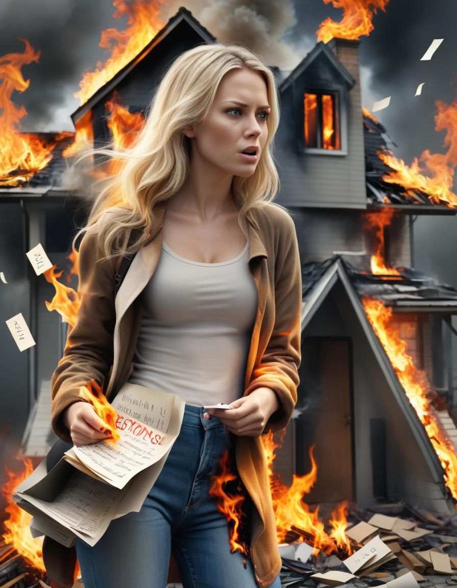 Blonde Woman Burns House in Photorealistic Style