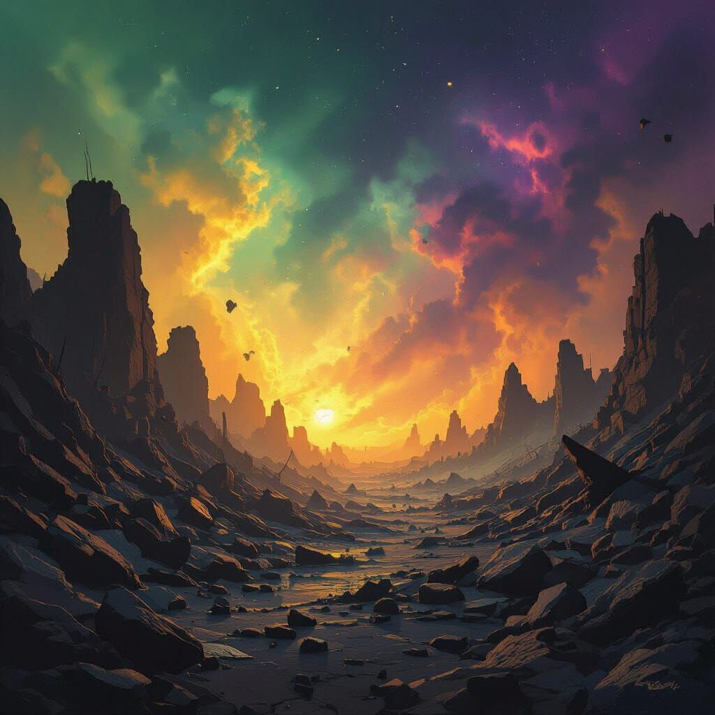 Demolished Asteroid Field with Nebula in Digital Art