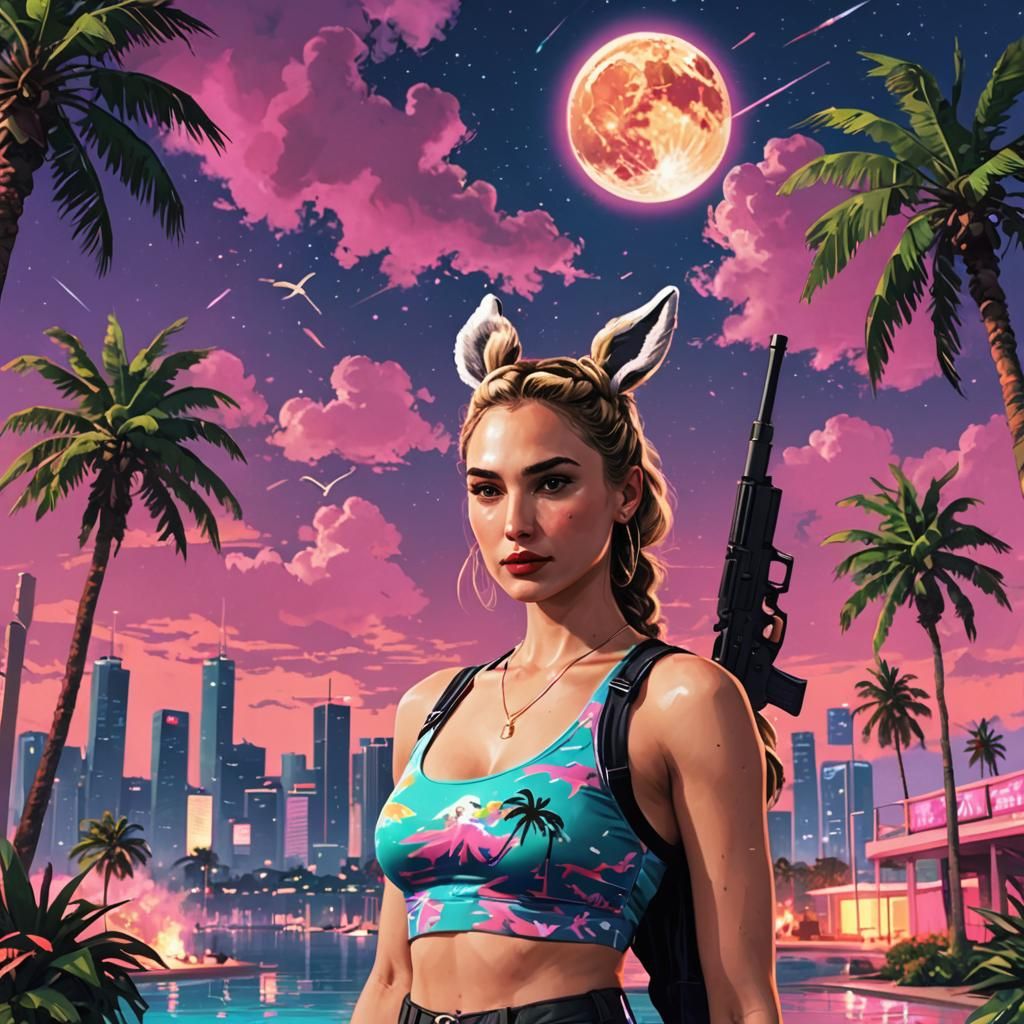 Synthwave Girl with Gun in Retro Cityscape