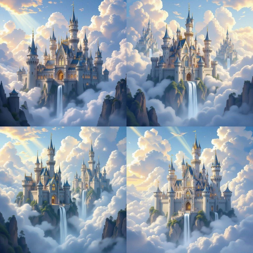 Majestic Floating Castles in Ethereal Clouds