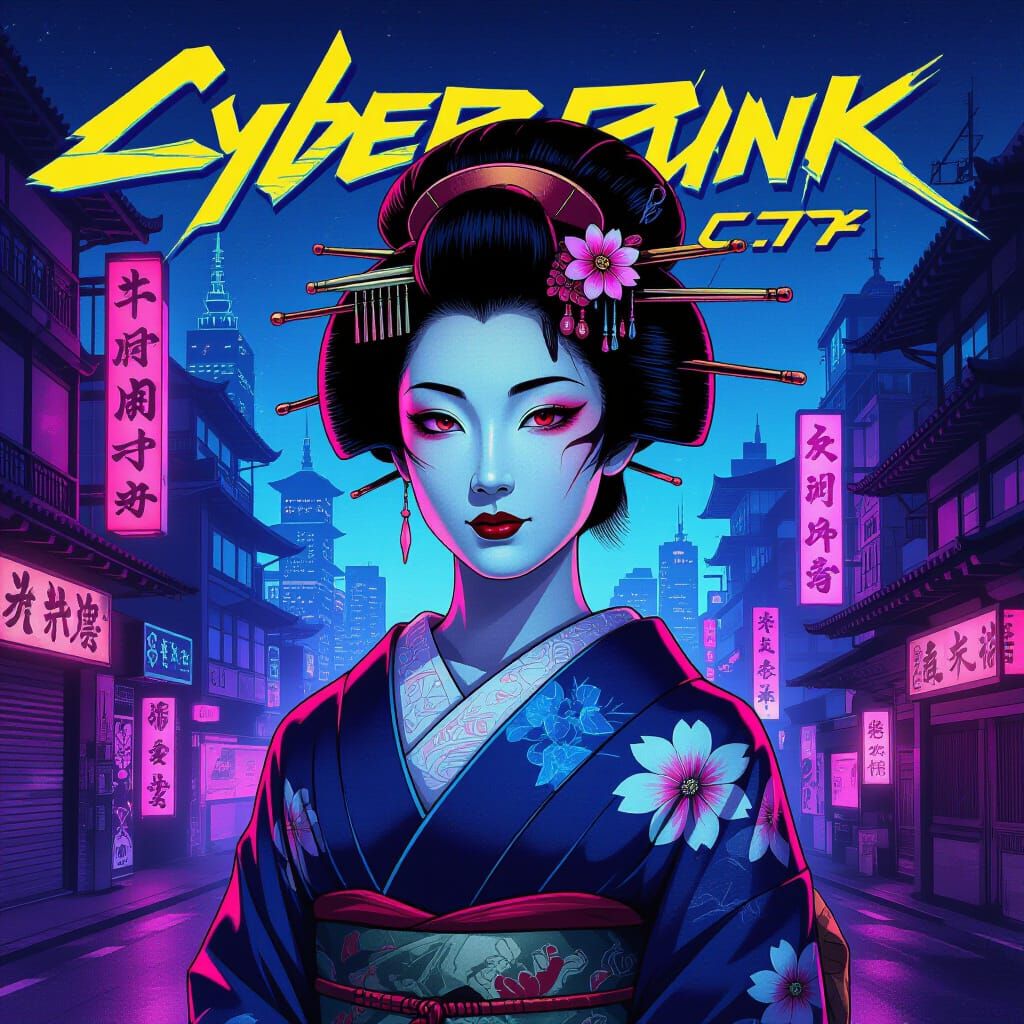 Cyberpunk Geisha in Neon City: 80s Airbrush Art