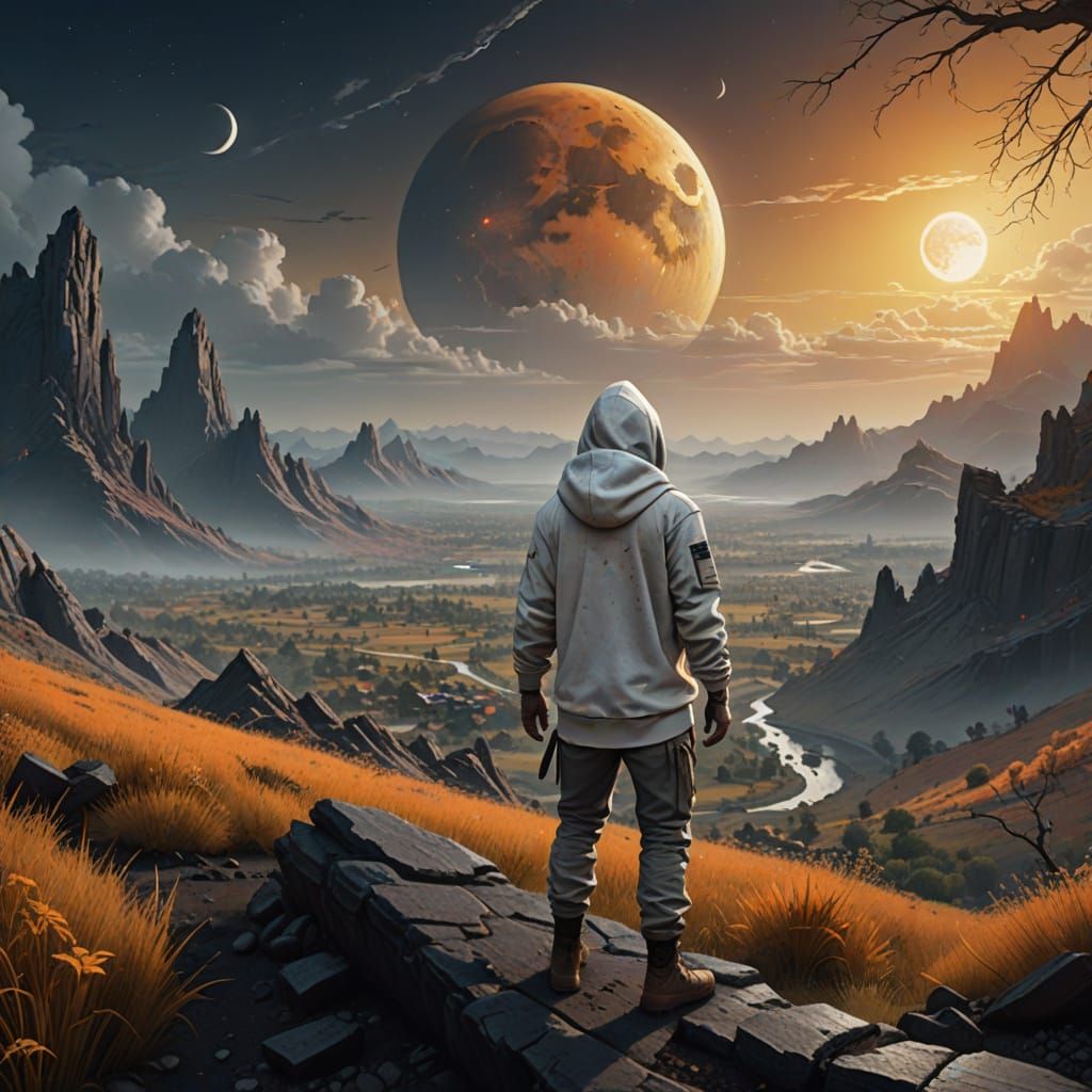 Cracked Golden Moon Cradle with Solitary Figure