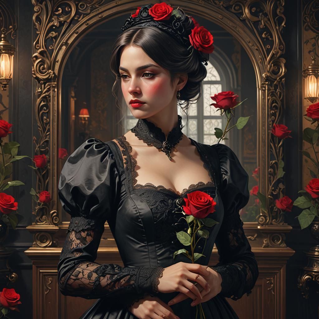 Surreal Chambermaid Portrait with Red Rose