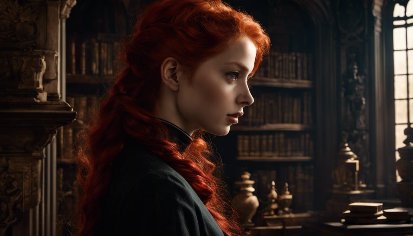 Red-Haired Girl in Shadowy 19th-Century Mansion