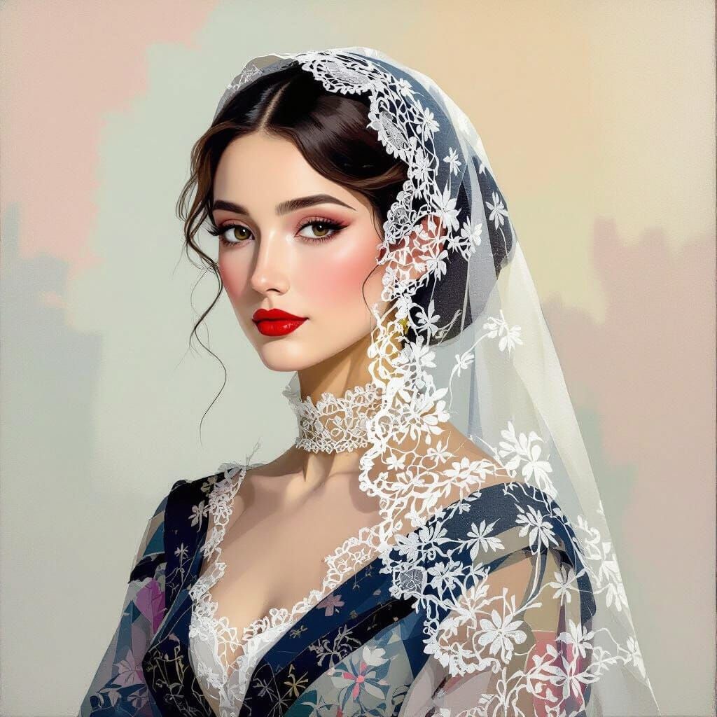 Post-Cubist Woman with Lace Veil in Minimalist Style