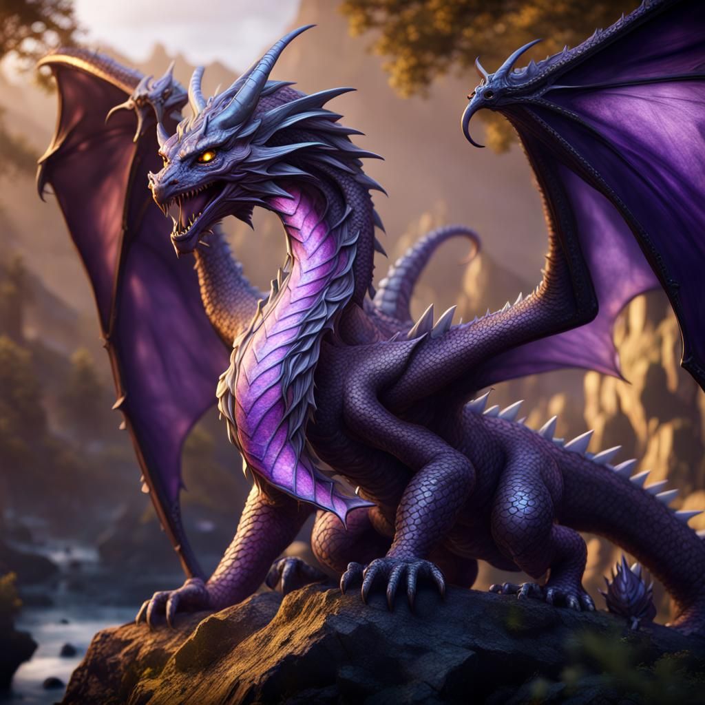 Young Amethyst Dragon with Golden Eyes, Fantasy Art