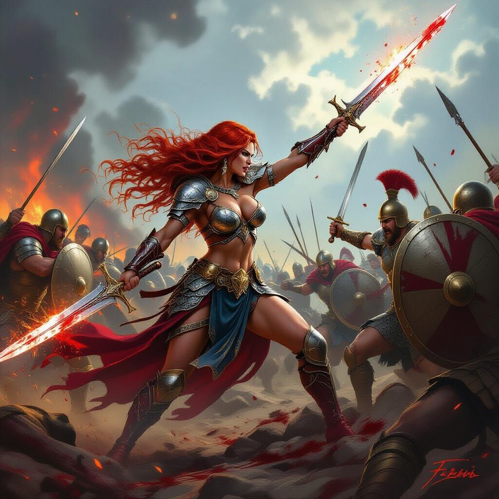Epic Fantasy War Scene with Female Warrior