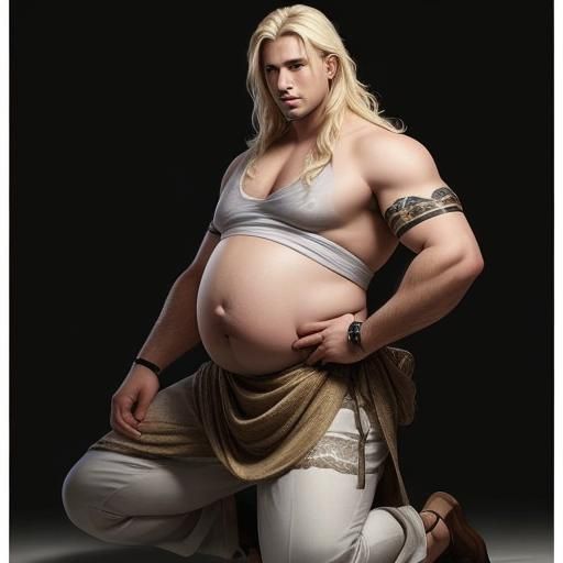 Young Man Kneeling with Large Pregnant Belly