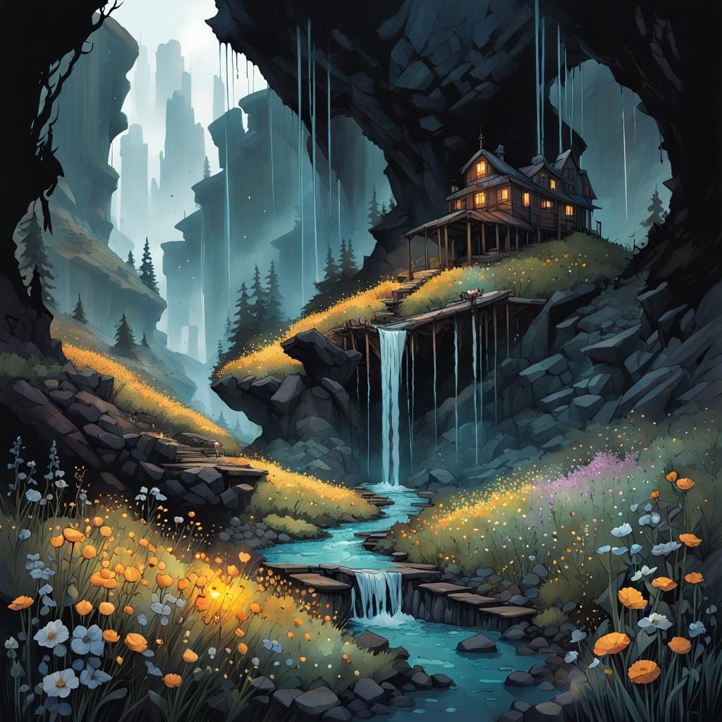 Tears Water Wildflowers: Dark Watercolor Landscape