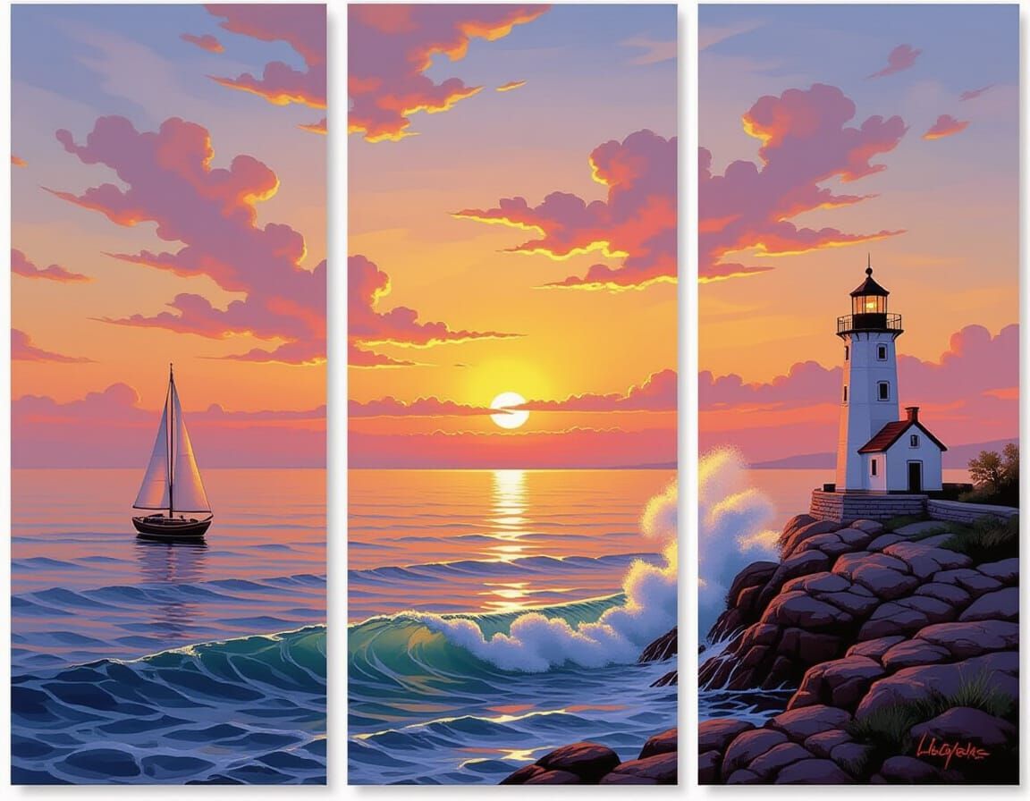 Romantic Seascape Triptych in Oil Painting Style