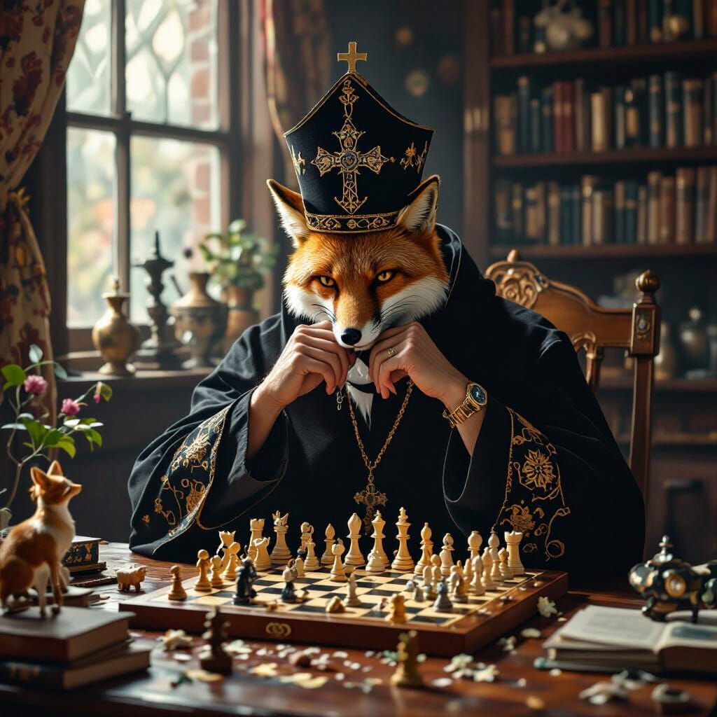 Orthofox Priest Contemplates Chessboard, Surrealist Style