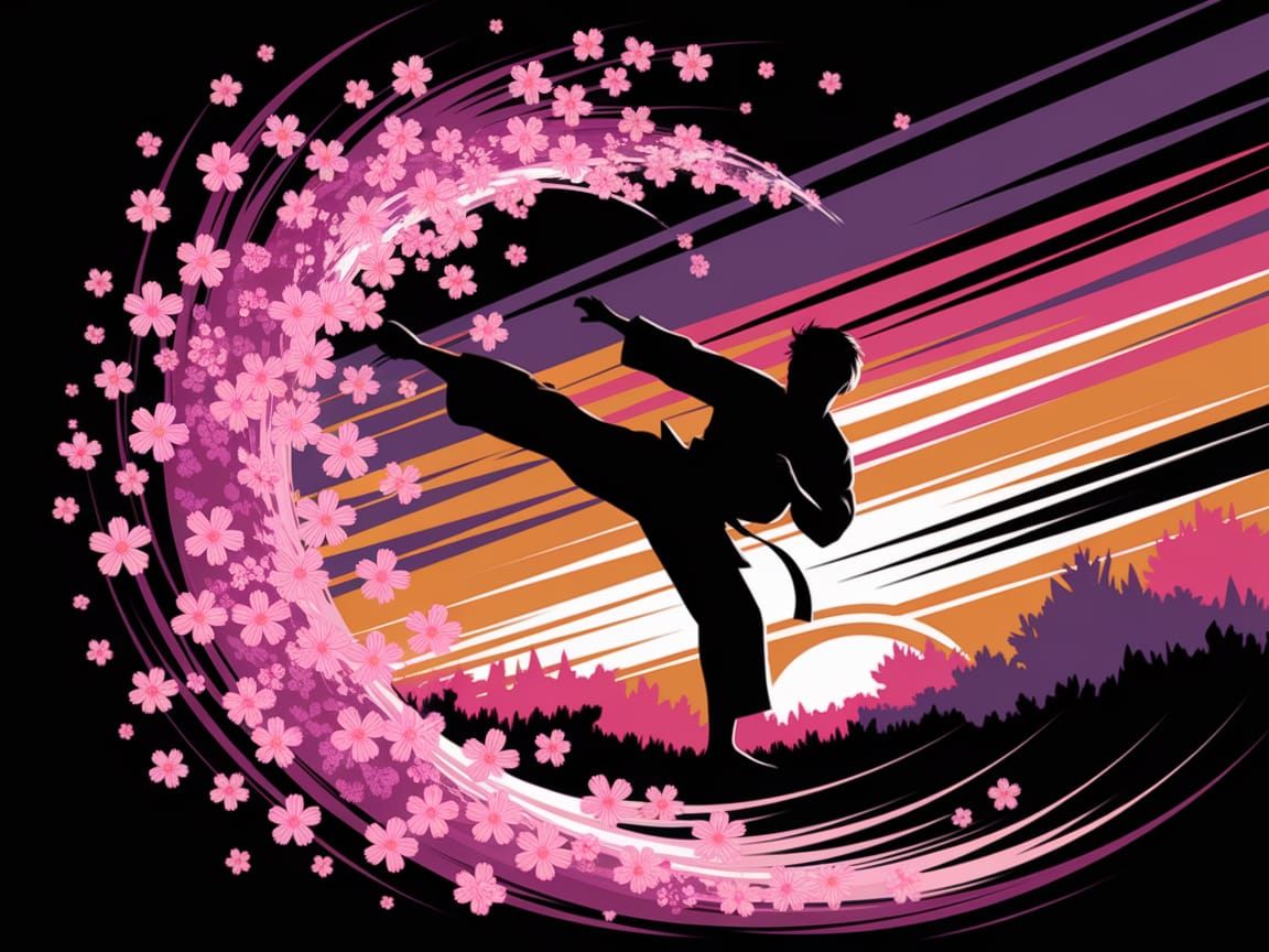 Martial Artist Flying Kick in Abstract Sunset Landscape