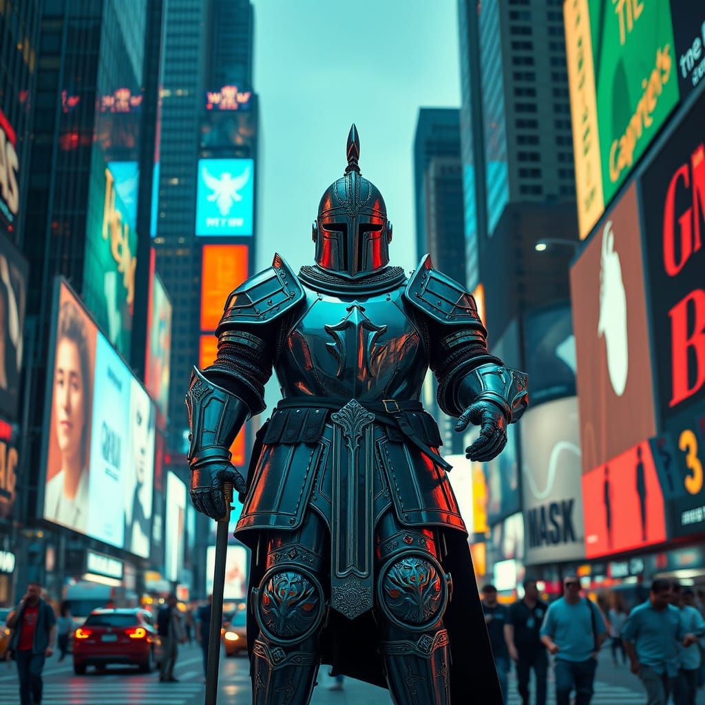 Psychedelic Knight in Times Square: Hyper-Realistic 8k