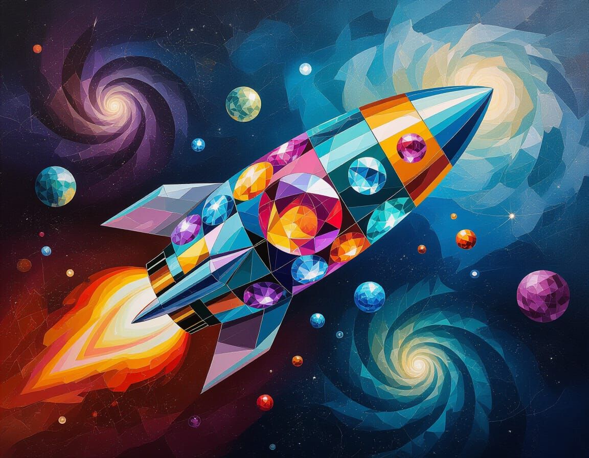 Crystal Cubism Rocket in Fractal Deep Space