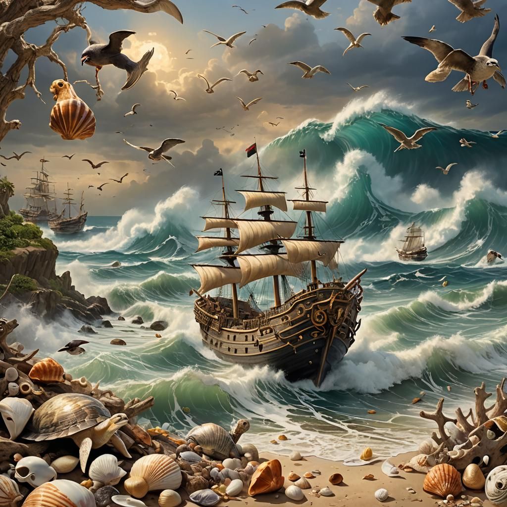 Pirate Ship in Giant Seashell, Greg Rutkowski Style