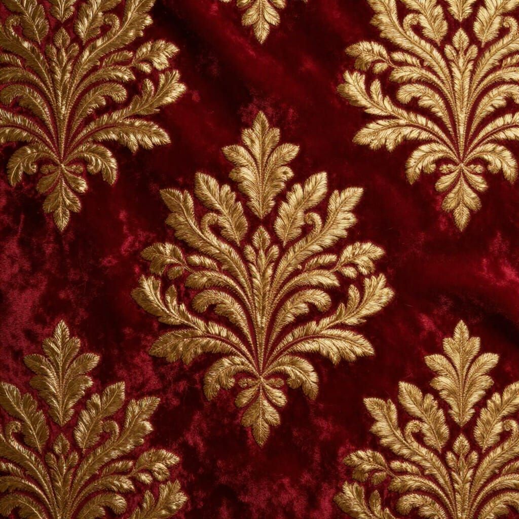 Luxurious Gold Damask on Crimson Velvet Fabric