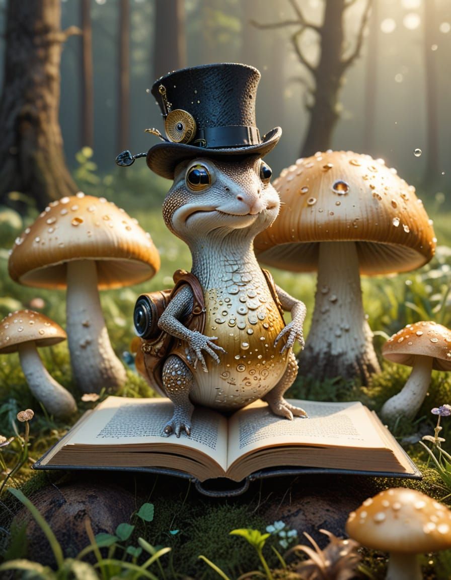 Whimsical Snail Reading Book in Mushroom Field