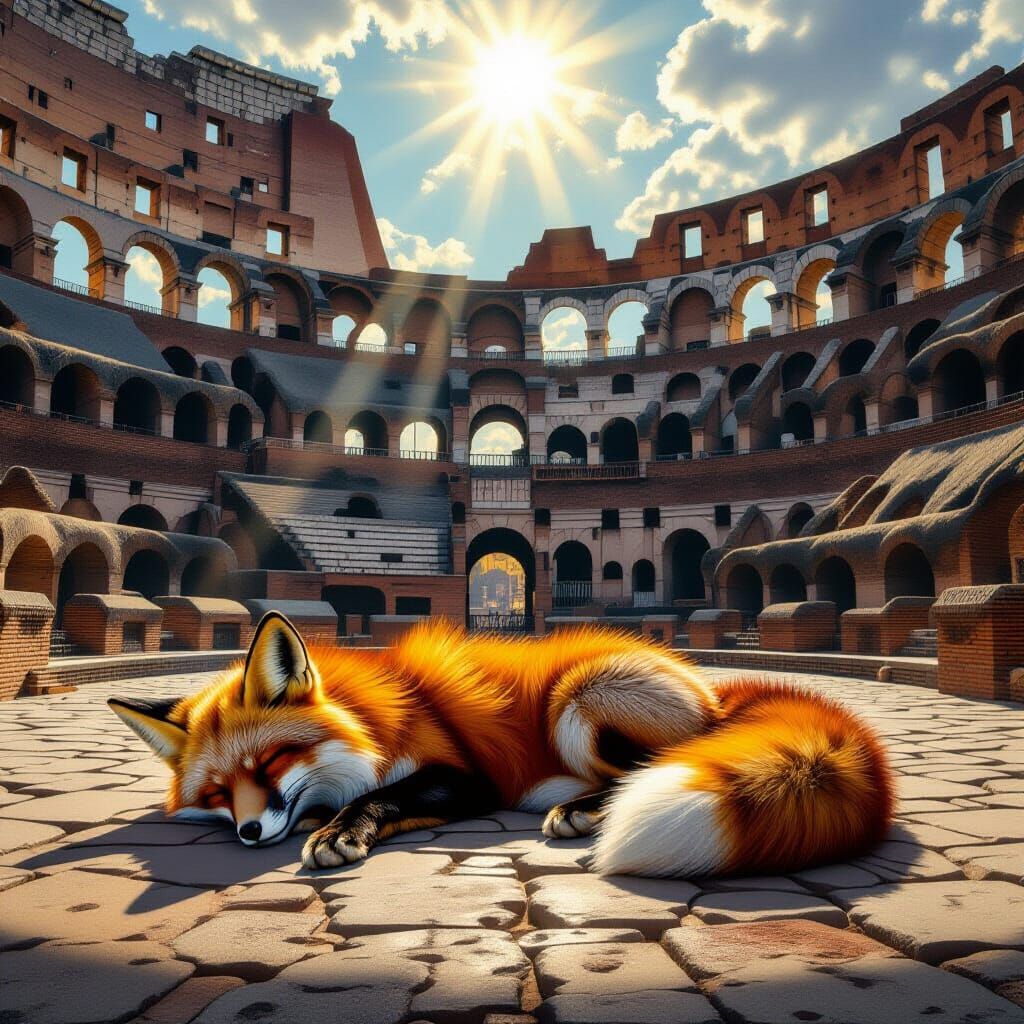 Colossal Ruby Fox Sleeps in Ancient Colosseum
