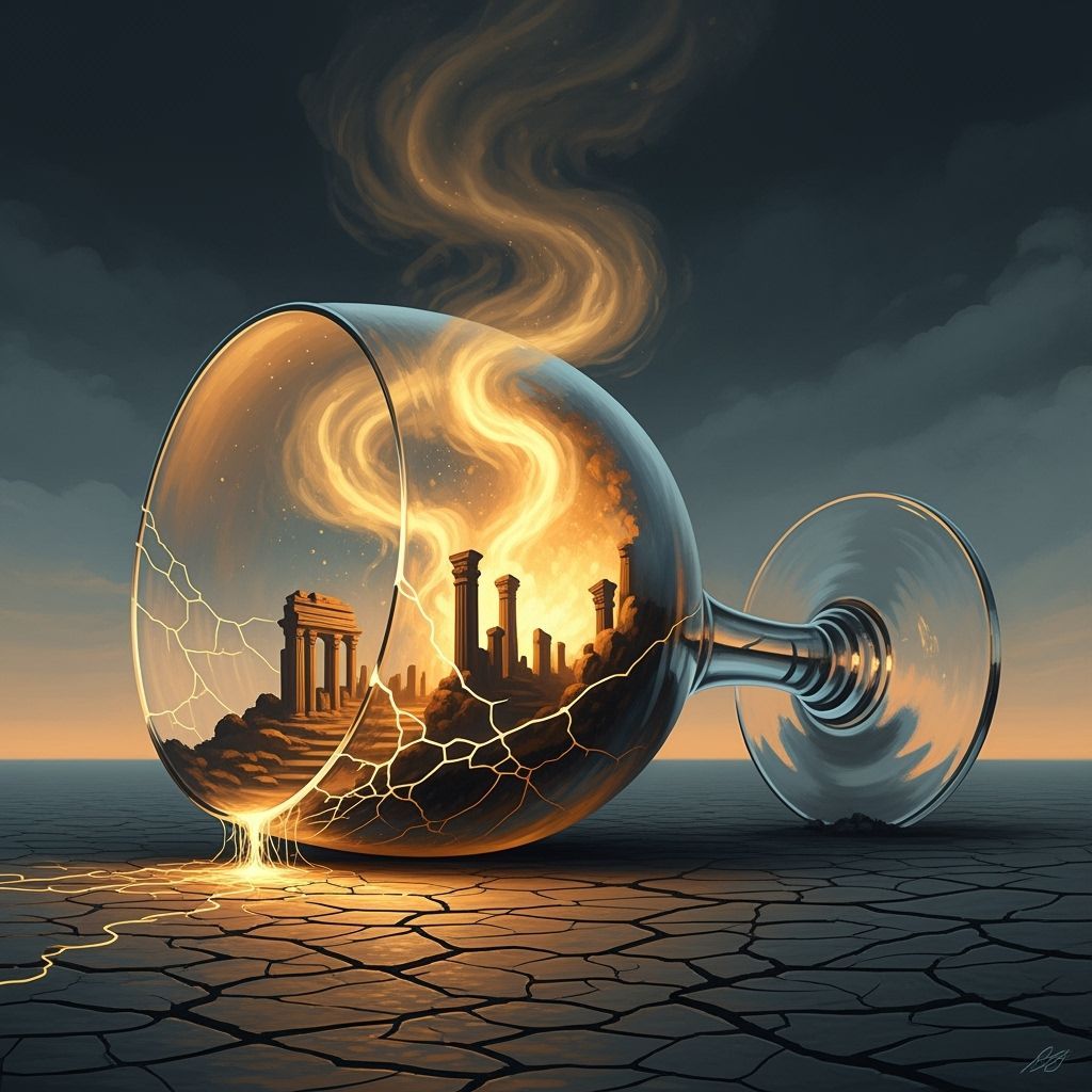 Surreal Golden Goblet Spilling Light in Barren Landscape