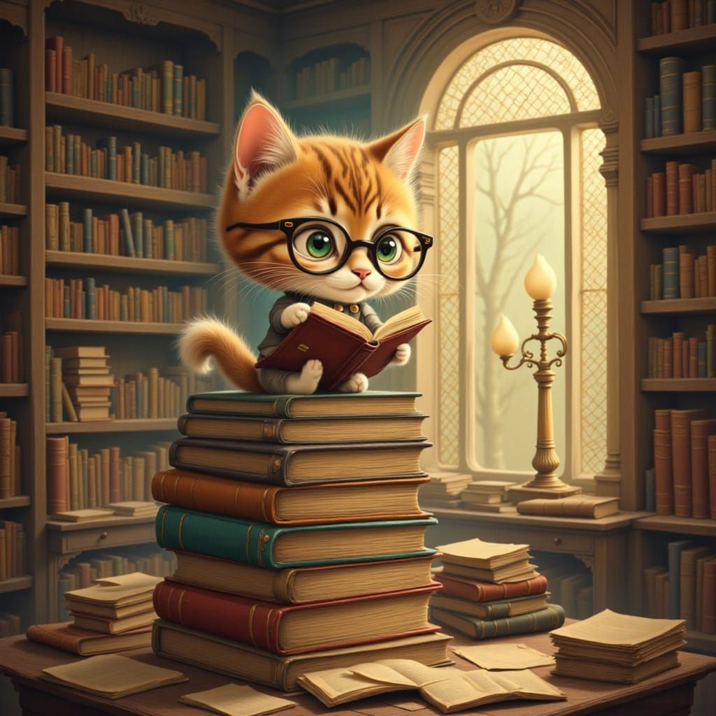Chibi Kitten in Vintage Library