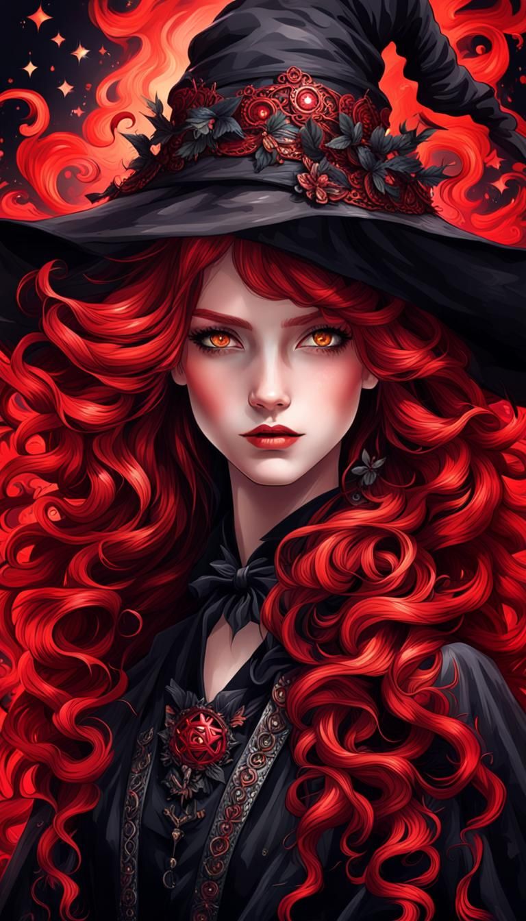 Enchanting Witch with Red Eyes and Black-Red Hair