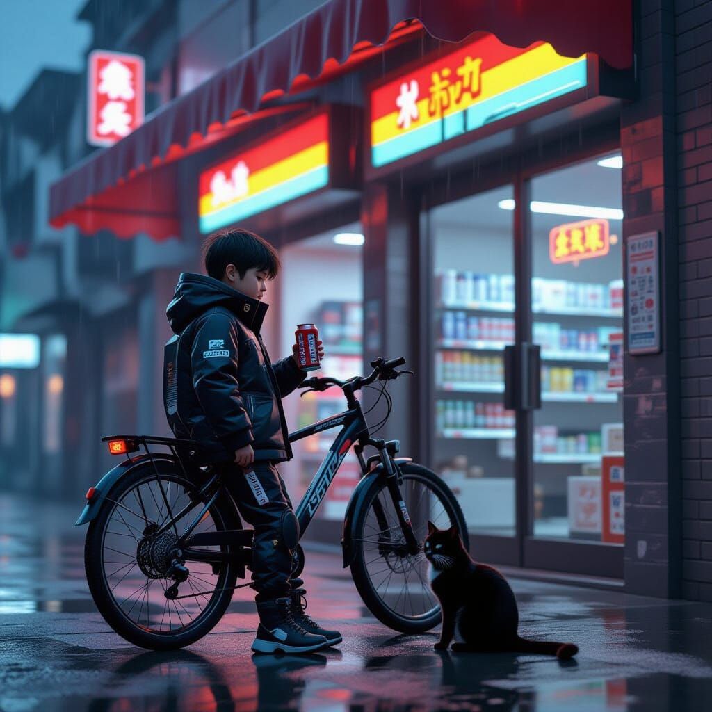 Boy in Techwear Drinks Soda by 3D Store