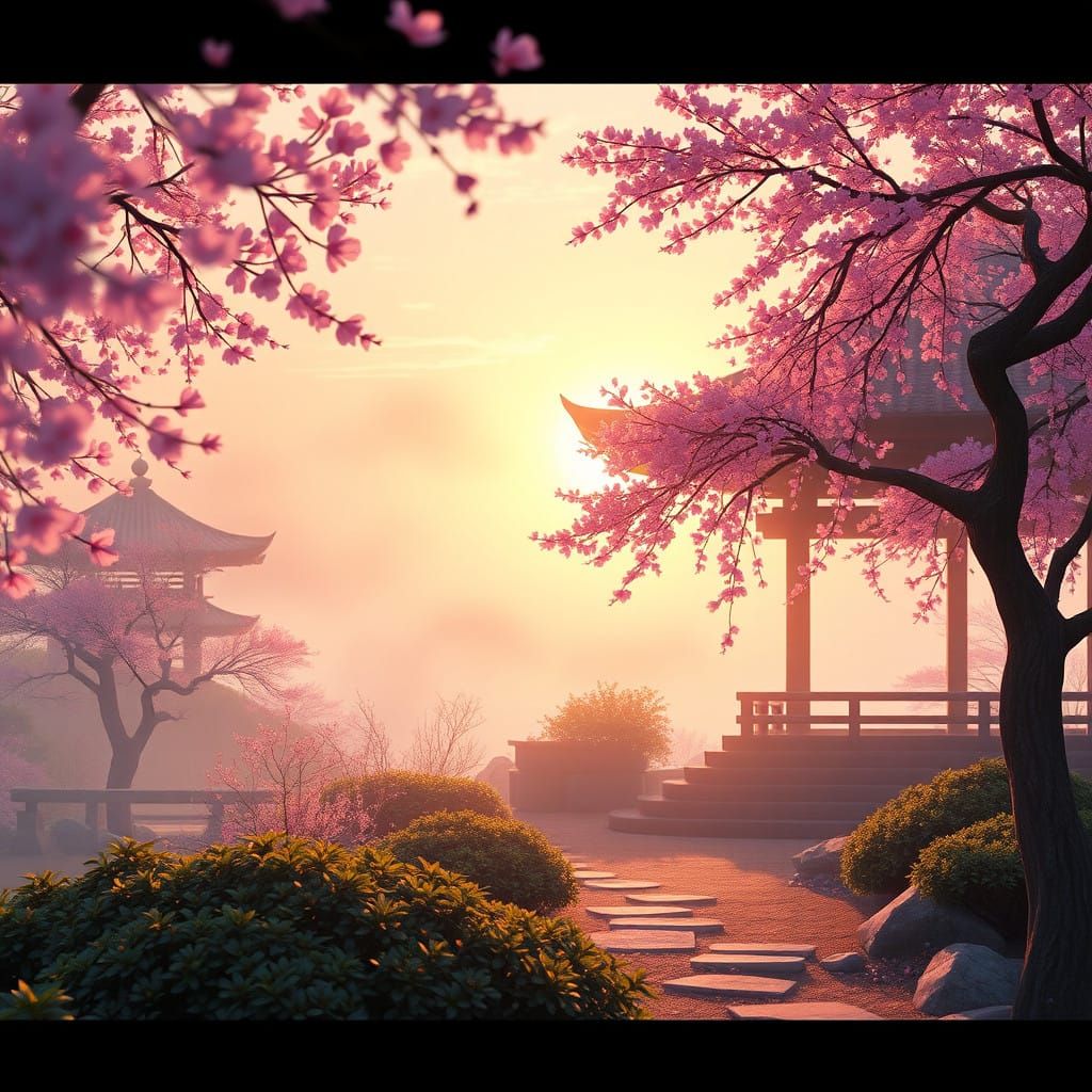 Spring Blooms in a Japanese Garden at Dawn